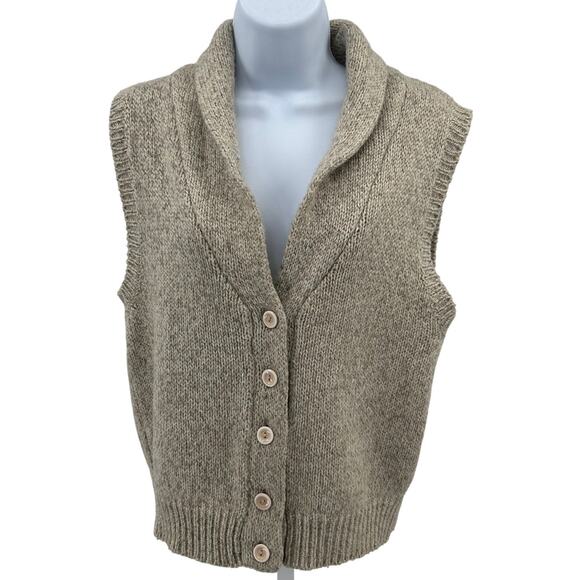 Joan Harper Knit Sweater Vest Womens M Tan Wool Blend Shawl Collar Ribbed Trim - Picture 1 of 6